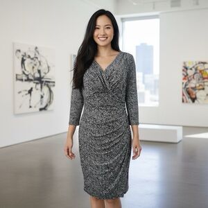 Lauren Ralph Lauren Women Black White Herringbone Print Wrap Bodycon Dress Sz 8P